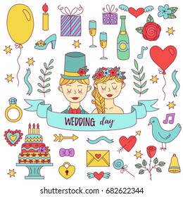 Colorful cute romantic wedding love valentines doodles drawing icons vector set