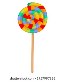 Colorful cute round candy on a stick isolated on white background. Minimalistic tasty striped candy for kids. Concept of all kinds of candy sweets for sweet tooth. Flat cartoon vector illustration