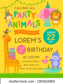 Colorful cute safari cartoon animals with copy space for kids party invitation card template.