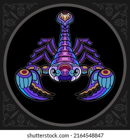 Colorful cute scorpion cartoon zentangle arts. isolated on black background.