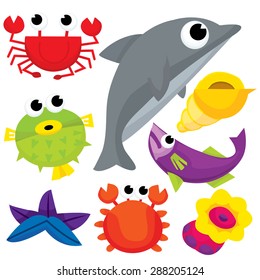 Colorful Cute Sea Creatures Cartoon Vector Illustration.