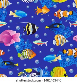 Colorful cute sea fishes collection on blue water background. Vector seamless pattern. Cartoon aquarium kids textile print design. Tropical marine life cartoon illustration.