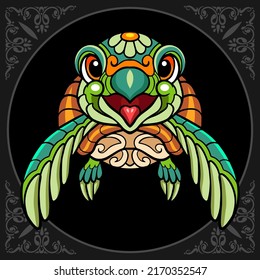 Colorful cute sea turtle cartoon zentangle arts. isolated on black background.