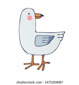 Colorful cute Seagull hand drawing in vector. Isolated object on white background. Cartoon, marine children's style.