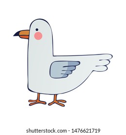 Colorful cute Seagull hand drawing in vector. Isolated object on white background. Cartoon, marine children's style.