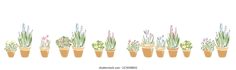 Colorful cute seamless horizontal border frame with pastel colored flowerpots, flowers, pots, potted plants. Endless pattern with hand drawn silhouette on white background. Vector illustration.