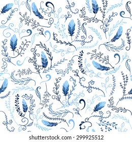 Colorful cute seamless pattern design with feather and floral elements. 