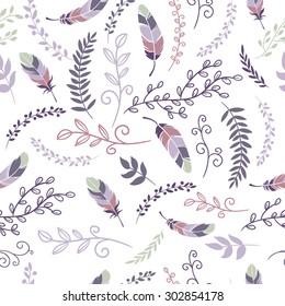 Colorful cute seamless pattern design with feather and floral elements.