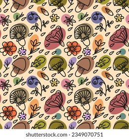 Colorful and cute seamless pattern with hand drawn mushrooms and plants. Vector illustration for textile and wrapping papers.
