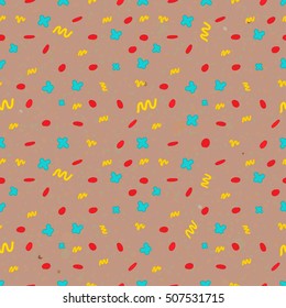 Colorful and cute seamless pattern on brown paper background. hipster style. 80s style. Vector illustration for your graphic design.