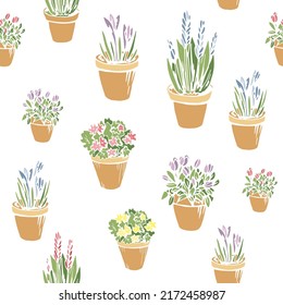 Colorful cute seamless pattern with pastel colored flowerpots, flowers, pots, potted plants. Endless texture with hand drawn silhouette on white background for wallpaper decor.