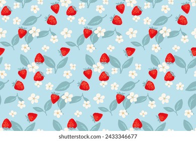 Colorful cute seamless pattern with red stylized strawberries, flowers, leaf. Vector hand drawn doodle sketch. Blue background with abstract strawberry print. Collage for designs, children textiles