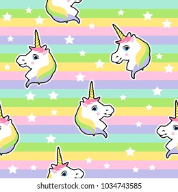 Colorful cute seamless pattern with unicorn, star. Seamless pattern with unicorns. Vector background with stickers,patches in cartoon 80s-90s comic style.