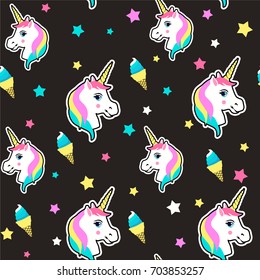 Colorful cute seamless pattern with unicorn, star, ice cream vector. Seamless pattern with unicorns. Vector background with stickers,patches in cartoon 80s-90s comic style.