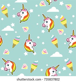 Colorful cute seamless pattern with unicorn, star, ice cream, diamonds vector. Seamless pattern with unicorns. Vector background with stickers,patches in cartoon 80s-90s comic style.