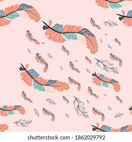 Colorful cute seamless pattern with variety of feathers
