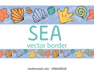 colorful cute seashells, vector seamless horizontal border with black outline