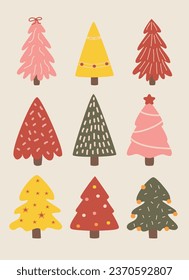 colorful cute set of christmas trees vector illustration