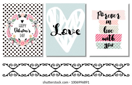A colorful and cute set of postcards for Valentine's Day. Set of beautiful wedding cards. Love background. Valentine card