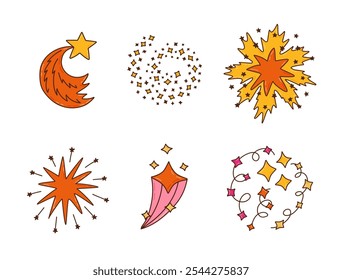 Colorful cute set of star dust, spiral twinkle cloud, falling star with hand drawn doodle outline. Sparkling magical stardust, comet shower. Astrology, astronomy, universe, Christmas element.