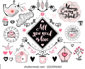 Colorful and cute set for Valentine's Day. A set of amusing illustrations and texts. Invitations, tags, stickers, postcards, seamless patterns, notes, labels, stamps, inscriptions and texts.