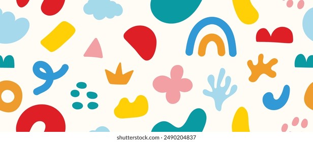 Doodle de forma colorida en Vector de patrón sin fisuras. Diseño de fondo de arte Abstractas con garabato infantil, garabato en color vibrante. Divertida ilustración creativa para niños, tela, estampados, cubierta.