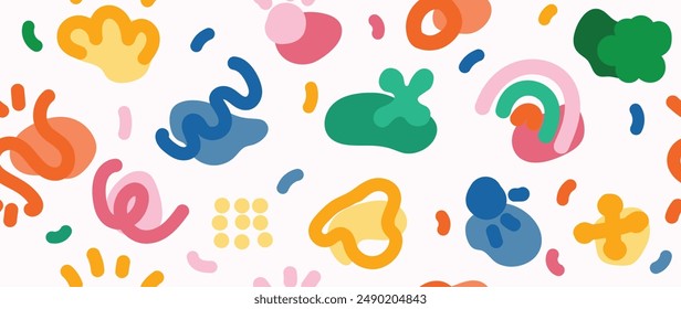 Doodle de forma colorida en Vector de patrón sin fisuras. Diseño de fondo de arte Abstractas con garabato infantil, garabato en color vibrante. Divertida ilustración creativa para niños, tela, estampados, cubierta.