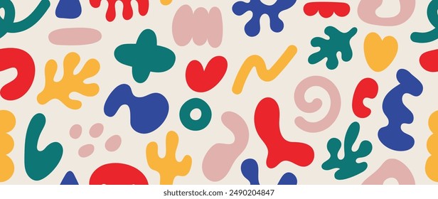 Doodle de forma colorida en Vector de patrón sin fisuras. Diseño de fondo de arte Abstractas con garabato infantil, garabato en color vibrante. Divertida ilustración creativa para niños, tela, estampados, cubierta.