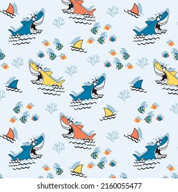 Colorful cute sharks and sea creatures and small fishes pattern kids wear