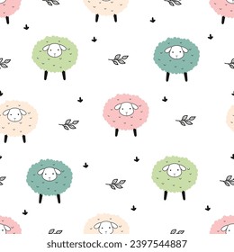 Colorful cute sheep pattern. Cartoon animal background. Vector illustration. For wallpaper, textile, wrapping and print design