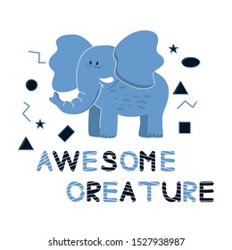 Colorful Cute Simple Drawn Elephant Vector Illustration. Kids Cute Funny Character For Children's Illustrated Book