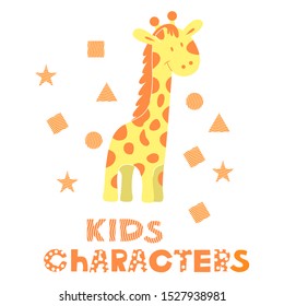 Colorful Cute Simple Drawn Giraffe Vector Illustration. Kids Cute Funny Long Necked Character For Children's Illustrated Book