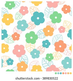 Colorful cute simple flower and leaf seamless vector pattern