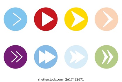 Colorful, cute and simple set of arrow icons, triangle, playback, fast forward (round button type), Vector Illustration