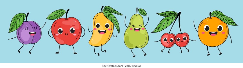 Colorido lindo sonriente saltando de la fruta Personajes para los niños. Ilustración vectorial de cómic estilo caricatura. Manzana, pera, mango, cereza, ciruela y naranja