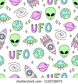 Colorful Cute Space Vector Seamless Pattern. Universe, Outer Space Objects Background. Alien, Spaceship, Ufo, Galaxy, Planets, Stars.
