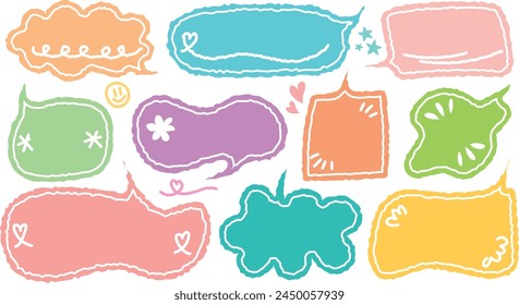 Colorful cute Speech bubble, speech balloon, Doodle Crayon hand drawn vector collection. Blank chat balloons in various shapes. Comic cloud box, empty dialog balloon, conversation memo message set.