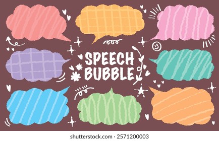 Colorful cute Speech bubble, speech balloon, Doodle Crayon hand drawn vector collection. Blank chat balloons in various shapes. Comic cloud box, empty dialog balloon, conversation memo message set.