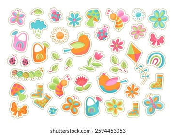 Colorful Cute Spring Stickers with Outline Strokes, Summer Isolated Illustrations with Bees, Flowers, Butterflies, And Kites in a Playful Style, Vector Design Elements Set