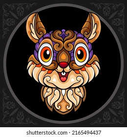 Colorful cute squirrel head cartoon zentangle arts. isolated on black background.