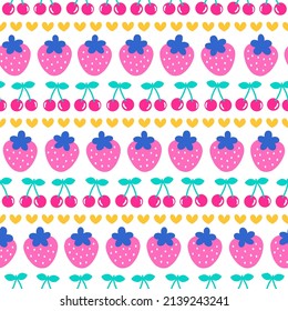 Colorful cute strawberry, cherry and heart seamless pattern background.