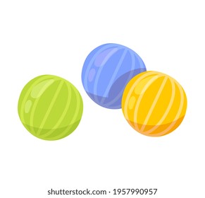 Colorful cute striped candy pieces isolated on white background. Minimalistic tasty fruity candy for kids. Concept of all kinds of candy sweets for sweet tooth. Flat cartoon vector illustration
