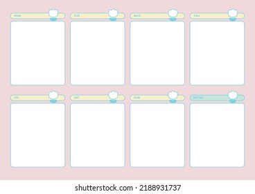 Colorful, cute style weekly planner template. Note, scheduler, diary, calendar planner document template illustration.