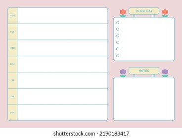 Colorful, cute style weekly planner template. Note, scheduler, diary, calendar planner document template illustration.