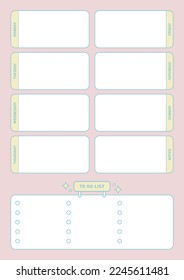 Colorful, cute style weekly planner template. Note, scheduler, diary, calendar planner document template illustration.