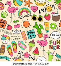 Colorful Cute Summer Doodles Seamless Pattern Background.