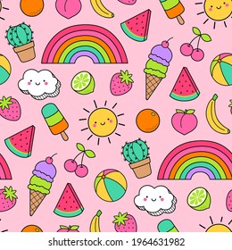 Colorful cute summer doodles seamless pattern background.