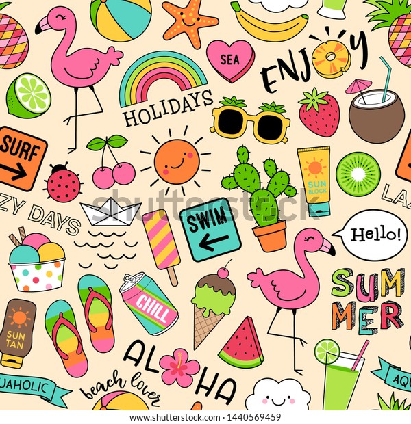 Colorful Cute Summer Doodles Seamless Pattern Stock Vector (Royalty ...