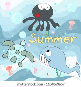 Colorful cute summer sea animal doodle cartoon,illustration vector by freehand botanical comic art