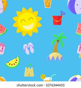 colorful cute summer seamless pattern on blue background. colorful icon of sun, ice cream beach umbrella, beach ball coconut tree palm sun lemon ice sand bucket, can be use for sublimation print